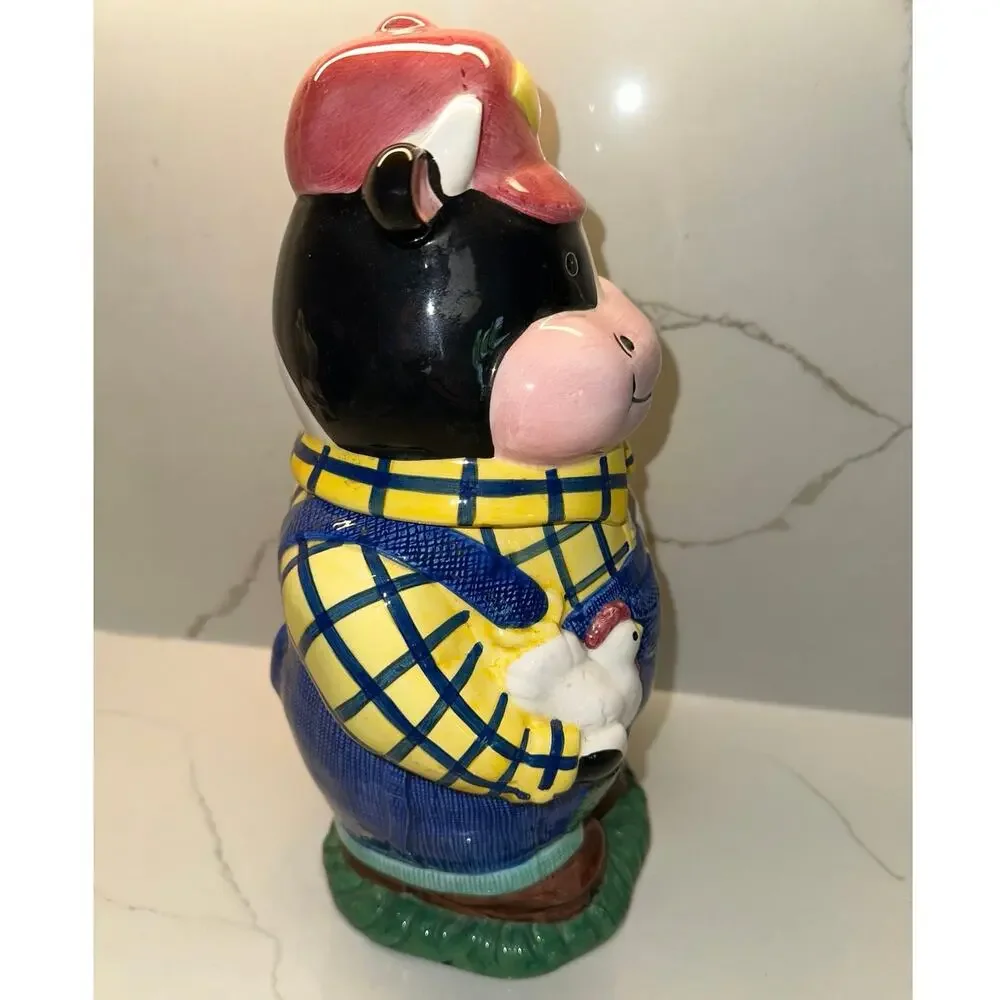 Rare Vintage Hank Holstein Farmer Cow Cookie Jar Yellow Plaid Chicken